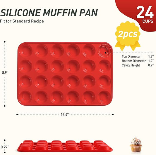 2 Pack 24 Cups Silicone Mini Muffin Pan with Metal Reinforced Frame Silicone Molds Cupcake Cake Baking Cheesecake Pans Cookie Baking Chocoflan Cupcake Mold Mini Bundt Cake Pan Women Gift