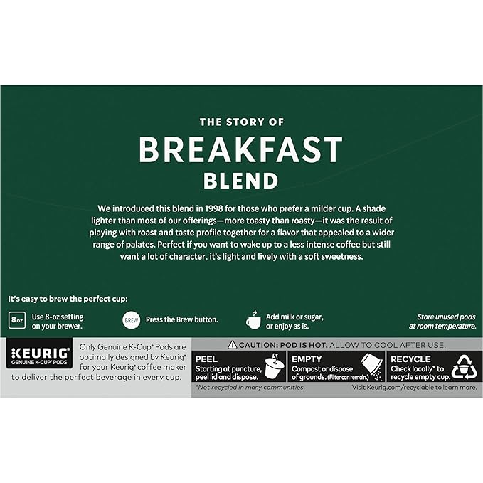 Starbucks K-Cup Coffee Pods, Medium Roast Coffee, Breakfast Blend for Keurig Brewers, 100% Arabica, 6 boxes (60 pods total)