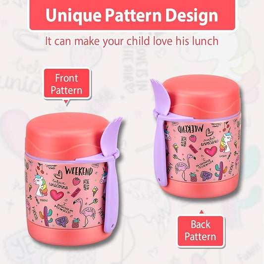 10oz Soup Thermo for Hot Food Kids,Lunch Thermo Kids Food Jar with Spoon Hot Insulated Food Containers,Leak Proof Stainless Steel Wide Mouth Lunch Food Thermo Jar for School(Pink-Flamingo)