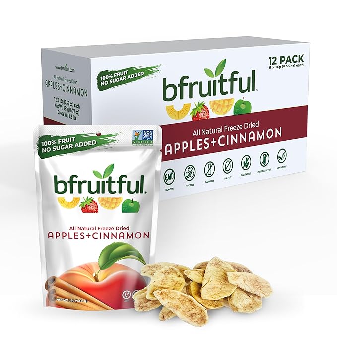 bfruitful Freeze-Dried Apple + Cinnamon, Freeze Dried Fresh Fruit Bites, Gluten Free, Vegan, Dairy Free, Kosher, No Sugar Added, Non GMO, Healthy Snacks, 0.56 oz Single-Serve Snack Packets, 12 Pack