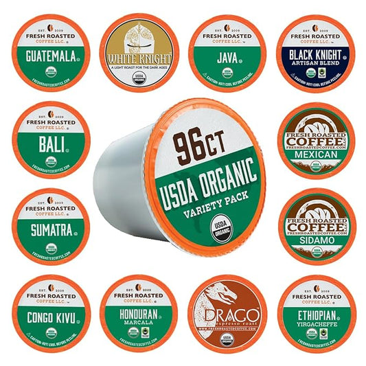 Fresh Roasted Coffee, USDA Organic Variety Pack | 96 Pods for K Cup Brewers