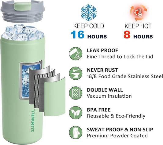 SUNWILL Travel Coffee Mug with Lid, Stainless Steel Coffee Tumbler Cups 16 oz Leakproof, Powder Coated Matcha