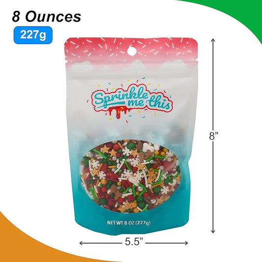 Christmastime Treasures - 8 Oz Resealable Bag - Christmas Themed Sprinkle Mix - Features Snowflake Quins, Santa Boot Quins, Red, Silver, and Green Pearls and More - Ice Cream and Cake Sprinkles