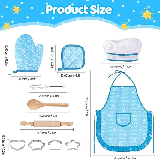 11 PCS Kids Chef Costume Set, Cooking & Baking Toys for Toddlers 3-8 with Adjustable Apron, Pretend Play Gift for Boys & Girls Birthday Xmas(Blue)
