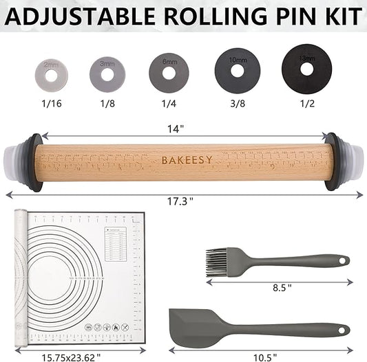 Bakeesy's 14' Wooden Rolling Pin Set with 5 Adjustable Thickness Rings - Roller Pin for Rolling Pizza, Cookie Dough, Pastry, Ravioli, Clay Slab - Full Set with Accessories - Perfect Baking experience