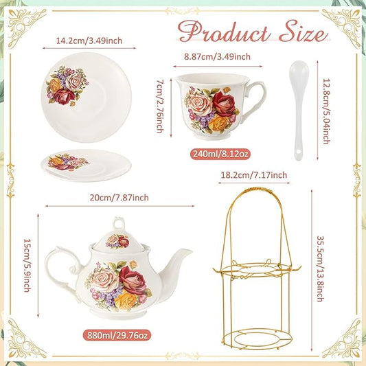 Zhehao 20 Pcs Porcelain Tea Set with Metal Holder and Spoon Adult Ceramic Tea Party Set European Flower Painting Teapot Cup Saucer Spoon for Women, Large Version (Styleish Style)