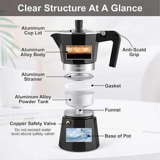 Sivaphe Aluminum Moka Pot 6 Espresso Cups, Percolator Espresso and Coffee Maker, Portable Stovetop Italian and Cuban Café Brewer for Home and Camping Black