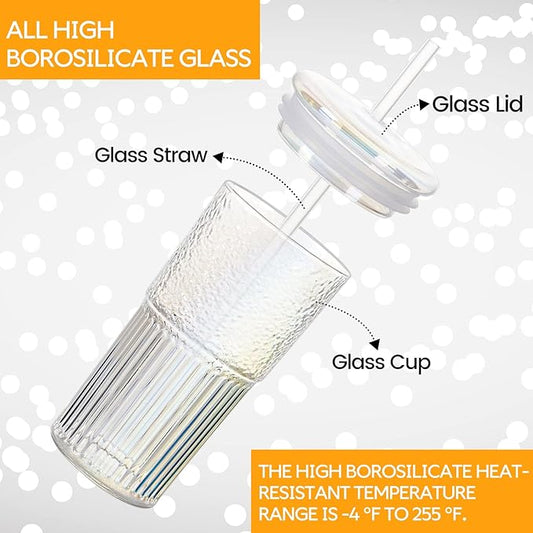 Colorful High Borosilicate Glass Cups With Lids and Glass Straws,20 OZ Rainbow Iced Coffee Water Tumbler Smoothie
