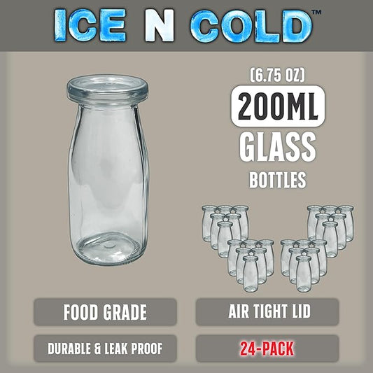 6.76 oz / 200ml Vintage Glass Bottle with Leakproof Clear Lid, Reusable & Eco-Friendly – Ideal for Milk, Juices, Smoothies, Infused Water, BPA-Free Glass Bottle (24-Pack)
