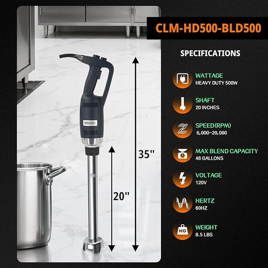 Commercial Immersion Blender, 500W Heavy Huty Hand Blender, With 20 Inch Detachable Shaft, 48 Gallons Capacity, Professional Industrial Grade Commercial Hand Mixer.