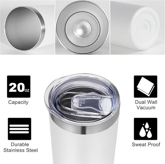 VEGOND Stainless Steel Tumblers Bulk 6 Pack, 20 oz Vacuum Insulated Skinny Tumblers with Lid and Straw, Double Wall Coffee Mug, Travel Water Cup, White