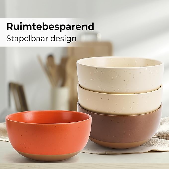 MIAMIO β Set of 4, 28 Ounce Ceramic Soup Bowls/Cereal Bowl Set for Salad, Oatmeal, Fruit, Rice β Dishwasher & Microwave Safe β Aura Collection (Cozy Neutral, Bowls (4x))