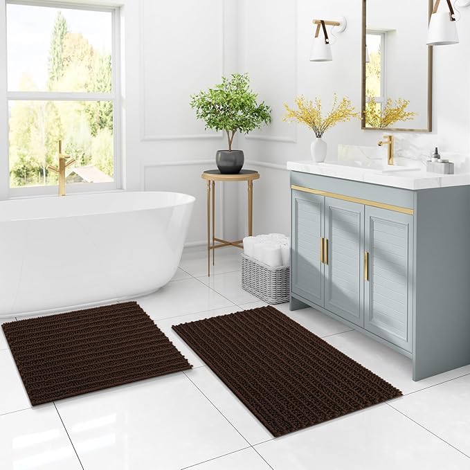 Arotive Luxury Chenille Bathroom Rug Mat, Extra Soft Thick Absorbent Shaggy Bath Rugs, Non-Slip Machine Wash Dry, Plush Bath Mats for Bathroom, Shower and Tub, 50x30, Brown