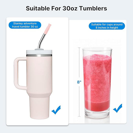 Repeatable Metal Straw with Silicone Tips for 30 oz Stanley Tumbler, 2 Pcs 30 oz Stainless Steel Straws Replacement for Stanley Tumbler, 1 Straw Brush, BPA Free(Light Pink)
