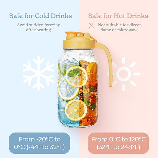 SMIRLY 64 oz Mason Jar Pitcher,Glass Pitcher with Wide Mouth,Water Jug with Double Leak Proof Lid for Iced Coffee,Hot Water,Breast Milk