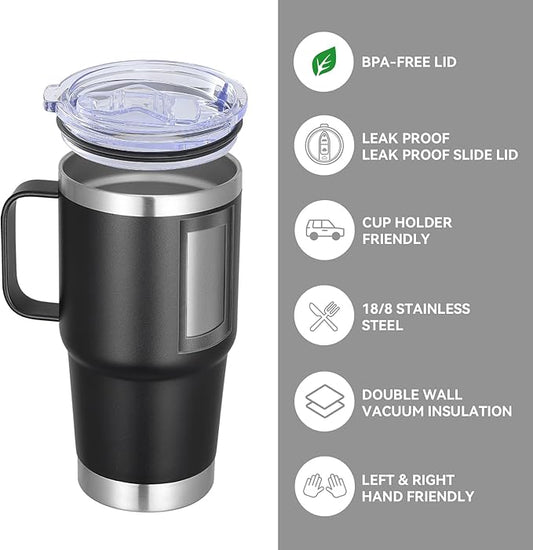 VEGOND 20 oz Tumbler with Handle Lid and Straw, Stainless Steel Insulated Travel Coffee Mug Spill Proof Double Wall Metal Tumbler Cup Keeps Drink Hot and Cold, Black 1 Pack