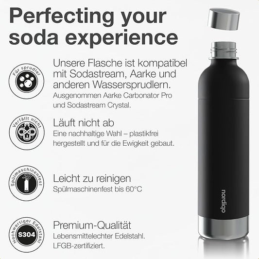 Stainless Steel Carbonating Bottle 33 oz | Compatible with Aarke Carbonator 3, Sodastream (Excl. model Aqua Fizz + Jet) and many others| Dishwasher Safe, No Expiration Date, BPA-Free