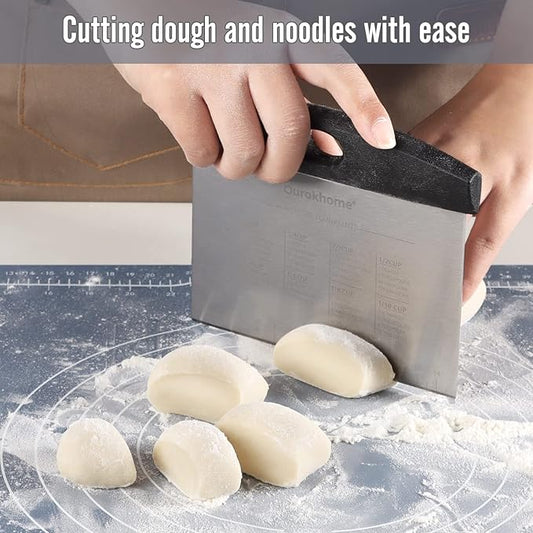 Ourokhome Dough Pastry Bench Cutter Scraper, Stainless Steel Pizza Cutter for Kitchen Baking, Dishwasher Safe, Anti-Wear Laser-Engraved Measuring Scale and Conversion Chart, 2 Pack, Black
