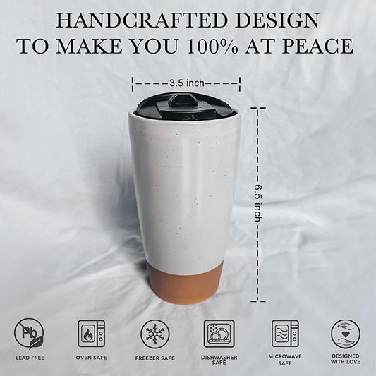 Mora Double Wall Ceramic Coffee Travel Mug with Lid, 14 oz, Portable, Microwave, Dishwasher Safe, Insulated Reusable Tall Cup, Splash Resistant Lid - To Go Tumbler for Car Cup Holder, Cotton White