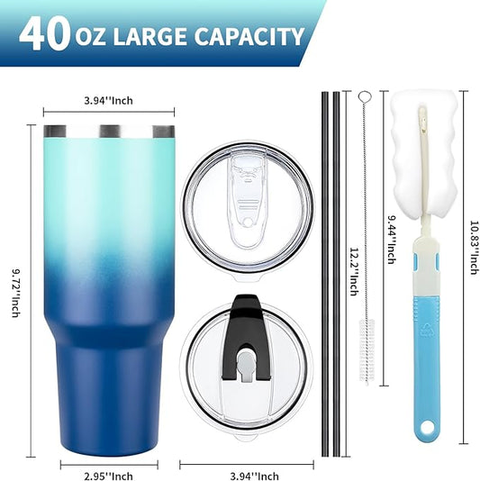 40 oz Tumbler with Lids and Straws, Stainless Steel Insulated Coffee Tumbler, Double Wall Vacuum Insulated Travel Mug Cup, Leakproof Thermal Coffee Cup for Hot and Cold Drink (Light Dark Blue)