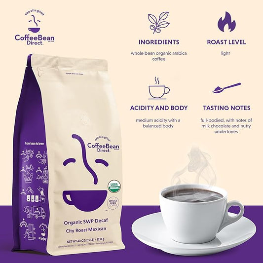 Coffee Bean Direct Organic SWP Decaf City Roast Mexican, Whole Bean Coffee, Medium Roast, 2.5 Pound Bag (Pack of 1)