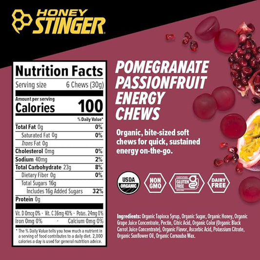 Honey Stinger Organic Pomegranate Passionfruit Energy Chew, Gluten Free & Caffeine Free, for Exercise, Running and Performance, Sports Nutrition for Home & Gym, Pre and Mid Workout, 12 Pack