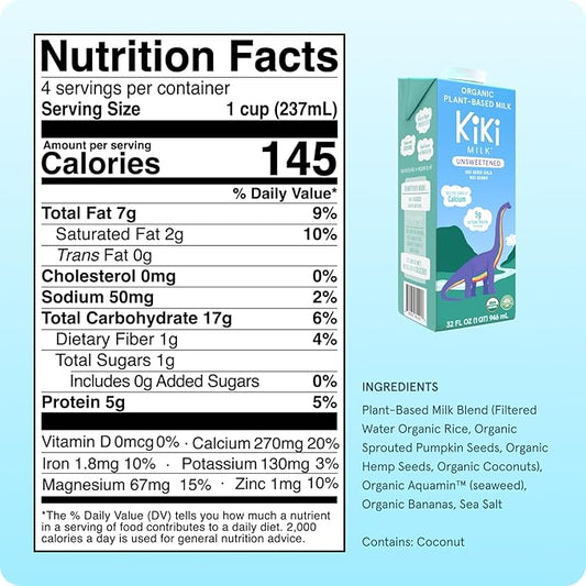 Kiki Milk Plant Based Milk - Organic Unsweetened Kiki Milk - Calcium & Magnesium Source - Gluten Free, Gum Free, GMO Free, Dairy Free, Soy Free, Glyphosate Free - Shelf Stable - (32 oz • Pack of 6)