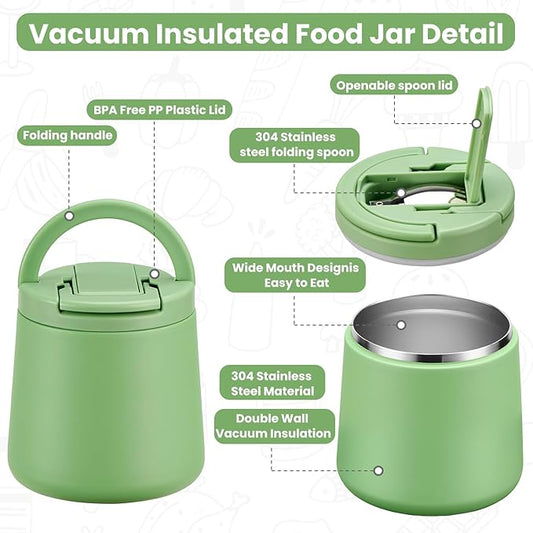 20oz Insulated Vacuum Food Jar with Buckle Lid,Soup Thermo for Hot Food Kids,Wide Mouth Leakproof Stainless Steel Lunch Container with Spoon-Green