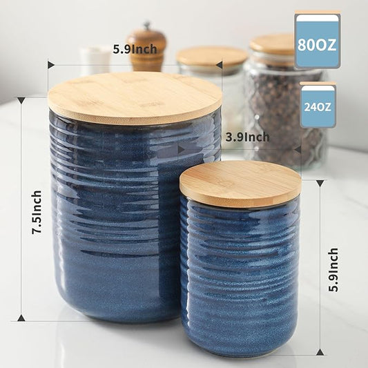 Hasense Ceramic Food Storage Jars with Bamboo Lids – 80oz + 24oz Kitchen Canister Set – 7.5" & 5.9" Airtight Containers for Coffee, Tea, Sugar, Flour – Pantry Organization Jar Set of 2(Blue)