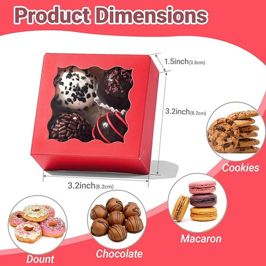 RomanticBaking 3 ¼" x 3 ¼" x 1 ½" 100PCS Chocolate Truffle Boxes for 4,Cookies Boxes Soap Boxes Donut Boxes Macaron Boxes Mini Bakery Boxes with Window Brownie Box