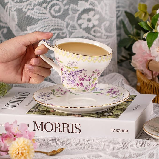 KAMMAK Tea Cups and Saucers Set of 2, Reinforced Porcelain Coffee Cups, 7.4-Ounce Stackable Espresso Mugs, Ceramic Demitasse for Coffee, Cappuccino, Latte, Americano, Tea, Lilac + Colorful
