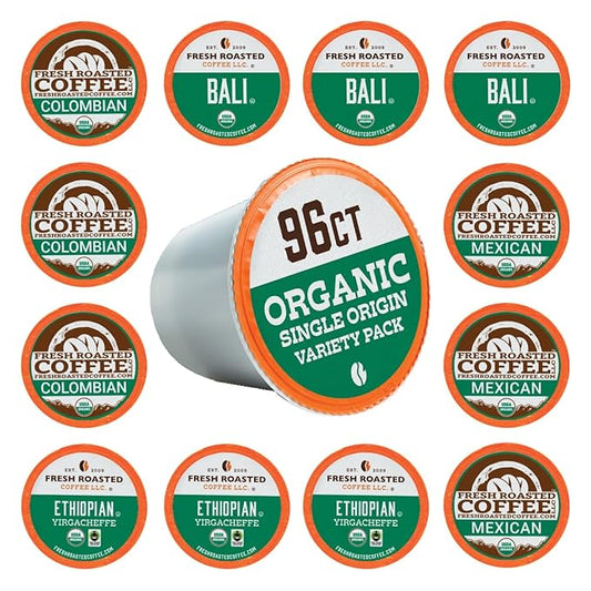 Fresh Roasted Coffee, Organic Single-Origin Variety Pack | USDA Organic, Kosher | K-Cup Compatible, 96 Pods