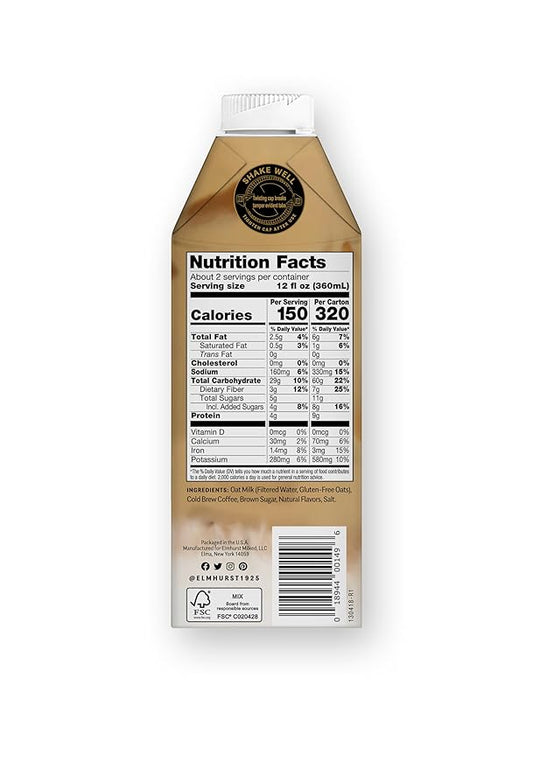 Elmhurst 1925 Brown Sugar Oat Milk Latte – Plant-Based, Vegan, Dairy-Free Latte Made of Whole Grain Oats, Cold Brew Premium Arabica with 95mg Caffeine & Real Brown Sugar – 25.4oz (Pack of 6)