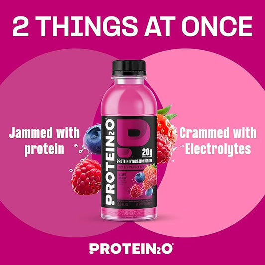 Protein2o Hydration Drink - 2-in-1 Liquid Clear Whey Protein Isolate and Electrolyte Drink - 20g Protein, Vitamins B5, B6 - Post-Workout Recovery - 16.9 Fl Oz - 12 Count Mixed Berry