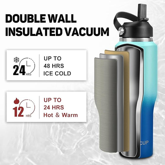 Insulated Water Bottle 32oz with Straw/Spout Lids, Stainless Steel Water Bottles Keep Cold 24h&Hot 12h, Metal Water Bottle with Straw that Fits in Cup Holder, Water Bottle Leak-proof,BPA Free