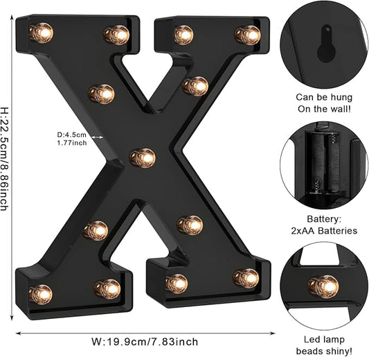 Foaky Black LED Letter Lights for Room Decor - Bedroom Wall Decor, Alphabet Lights for Home, Wedding, Party - Battery Operated (X)