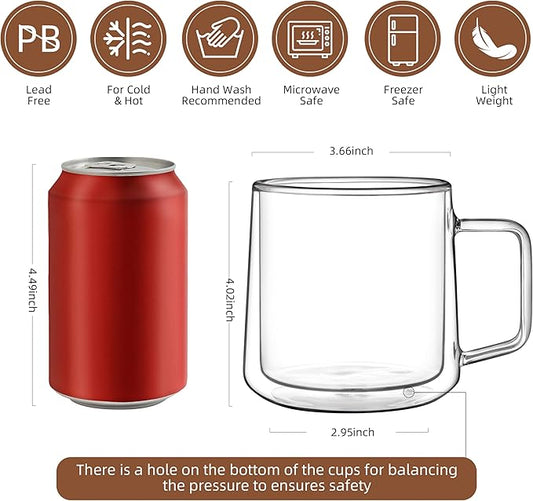 CNGLASS 15oz(4-pack) Double Walled Glass Coffee Mugs,Large Insulated Glass Mugs with Handle,Clear Coffee Cups for Espresso,Latte,Cappuccino,Tea