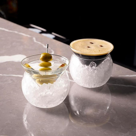 LEMONSODA Stemless Martini Glasses with Chiller - Set of 4 - Elegant Cocktail Glass Set with Server Bowl - Martini Gift Set for Margarita, Espresso Martinis, Manhattan Cocktails - Housewarming Gifts