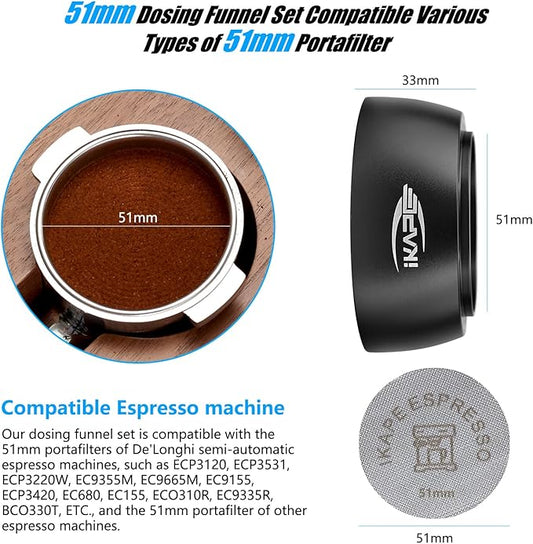 IKAPE Magnetic Dosing Funnel Set, 51MM Espresso Dosing Ring & Puck Screen Kit Compatible with Delonghi 51MM Bottomless Portafilter - with 8 Small Magnet (Black)