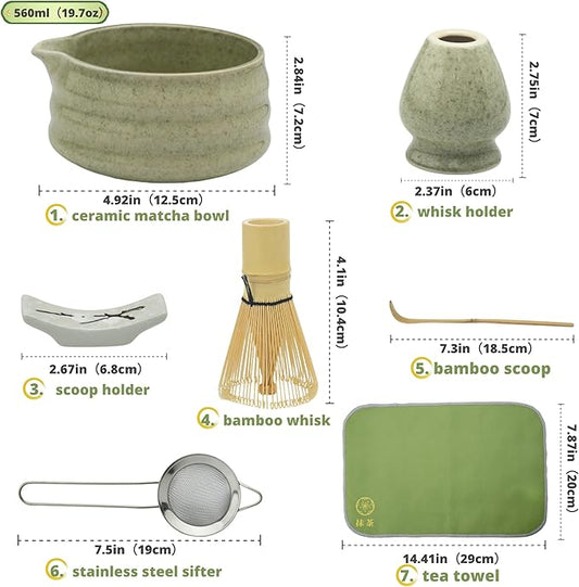 Matcha whisk Set,7 Pcs Matcha Making Kit with whisk Whisk, Ceramic Bowl, Sifter, Scoop, Holder, Stand, and Tea Towel for Ultimate Matcha Experience(Mottled Green)