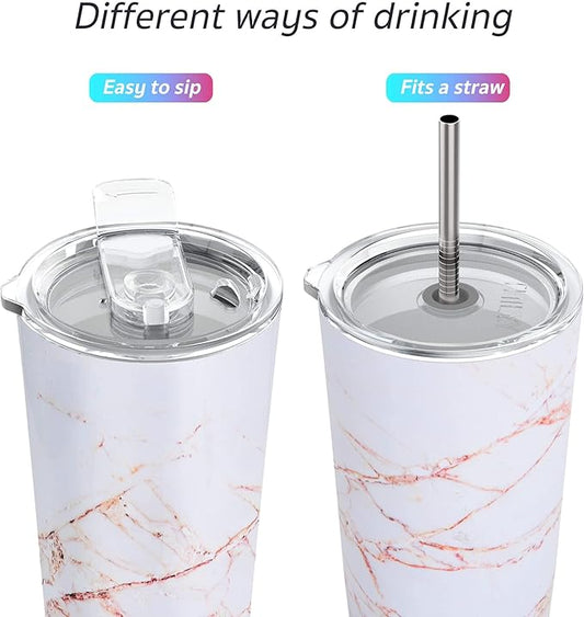 THILY Stainless Steel Vacuum Insulated Tumbler Travel Mug 26 oz Coffee Cup with 2 Lids and Straws, Splash Proof, Keep Ice Drinks Cold, Gold Marble
