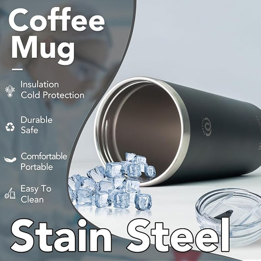 Insulated Coffee Mug with Lid, Reusable Stainless Steel Travel Coffee Cup, 16 Oz Double Wall Vacuum Spill Proof Tumbler Cups for Men and Women Hot & Cold Drinks(Black)