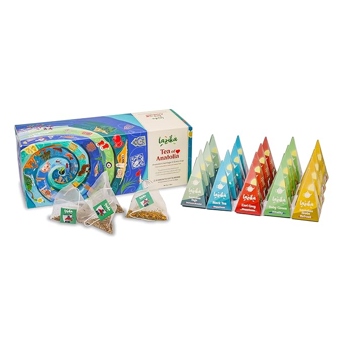 Lazika Tea Variety Pack with Lovely Presentation Box, Black, Green and Herbal Tea Sampler Gift Set, 20 Counts, Premium Collection with Pyramid Infuser Bag, Handcrafted