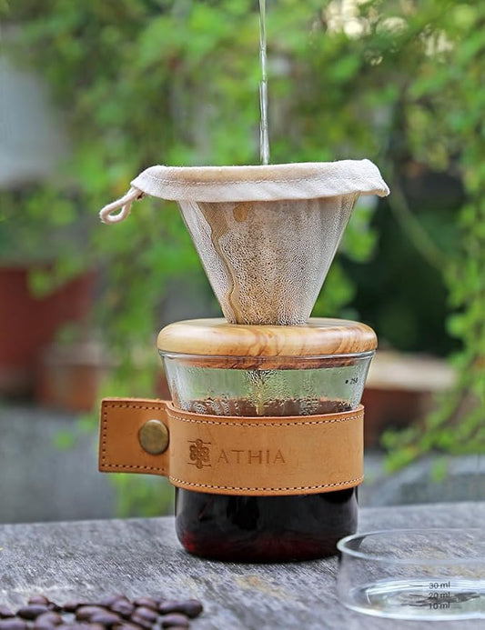 ATHIA glass pour over coffee maker set, minimalist drip coffee maker with reusable cloth filter, glass coffee dripper, olive lid & leather sleeve for single cup manual brewing (Olive Wood)