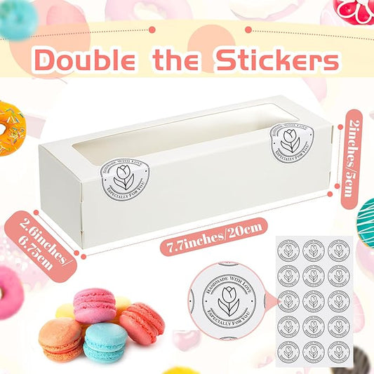 Sherr 150 Pcs White Macaron Boxes with Window, Cookies Boxes with 200 Pcs Stickers Long Bakery & Dessert Gifts Containers for Donuts, Pastry, Chocolate Covered Strawberry