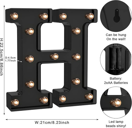 Foaky Black LED Letter Lights for Room Decor - Bedroom Wall Decor, Alphabet Lights for Home, Wedding, Party - Battery Operated (H)