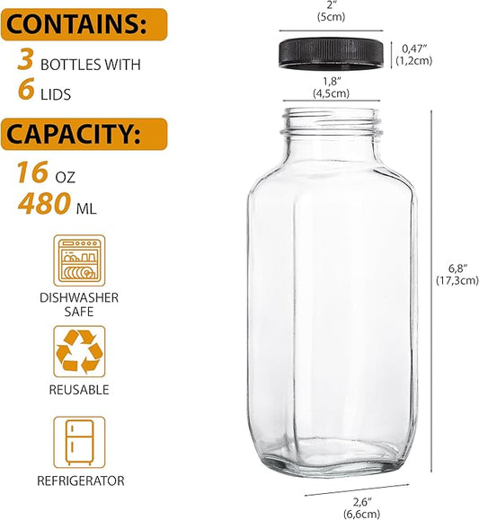 Juice Bottles with Lids, 16 Oz - Set of 3 - Clear Glass Jars with Caps - Reusable Empty Drink Containers for Juicing, Smoothies, Water, Milk, Kombucha Storage, Wellness Shots and More (3)