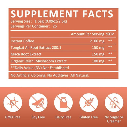 GANOHERB Maca Energy Coffee for Men, Women Herbal Coffee with Tongkat Ali, Maca Root, Reishi Mushroom Extract for Energy & Focus - 1 box (25 Packets)