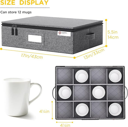 YearningHome Cup and Mug Storage Box with Hard Shell and Dividers for Coffee Mugs,Tea Cups and Glasses,Stackable Storage Organizers with Lid,Handles,Zips and Lable for Moving,Holds 12,2 Pack, Grey