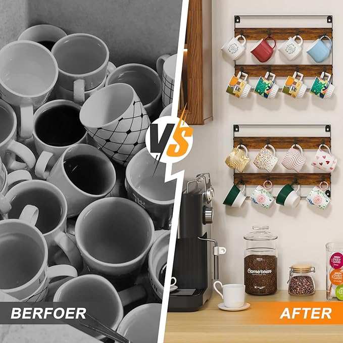 Mug Racks for Wall, Coffee Mug Holder Wall Mount Up to Hold 24 Mugs, Coffee Mug Rack Wall Mounted(3Pack) for Kitchen, Home, Coffee Bar, Rustic Wood and Iron